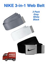 NIKE MENS 3 PACK GOLF WEB BELTS ONE SIZE FITS MOST TRIM TO FIT 3 COLORS, NIB NEW