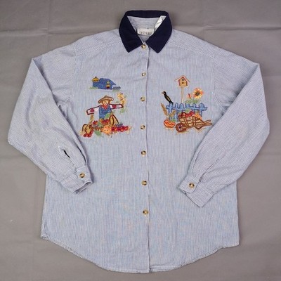 Casey & Max Embroidered Fall Scarecrow Button Up Shirt Women Small Stripe Autumn