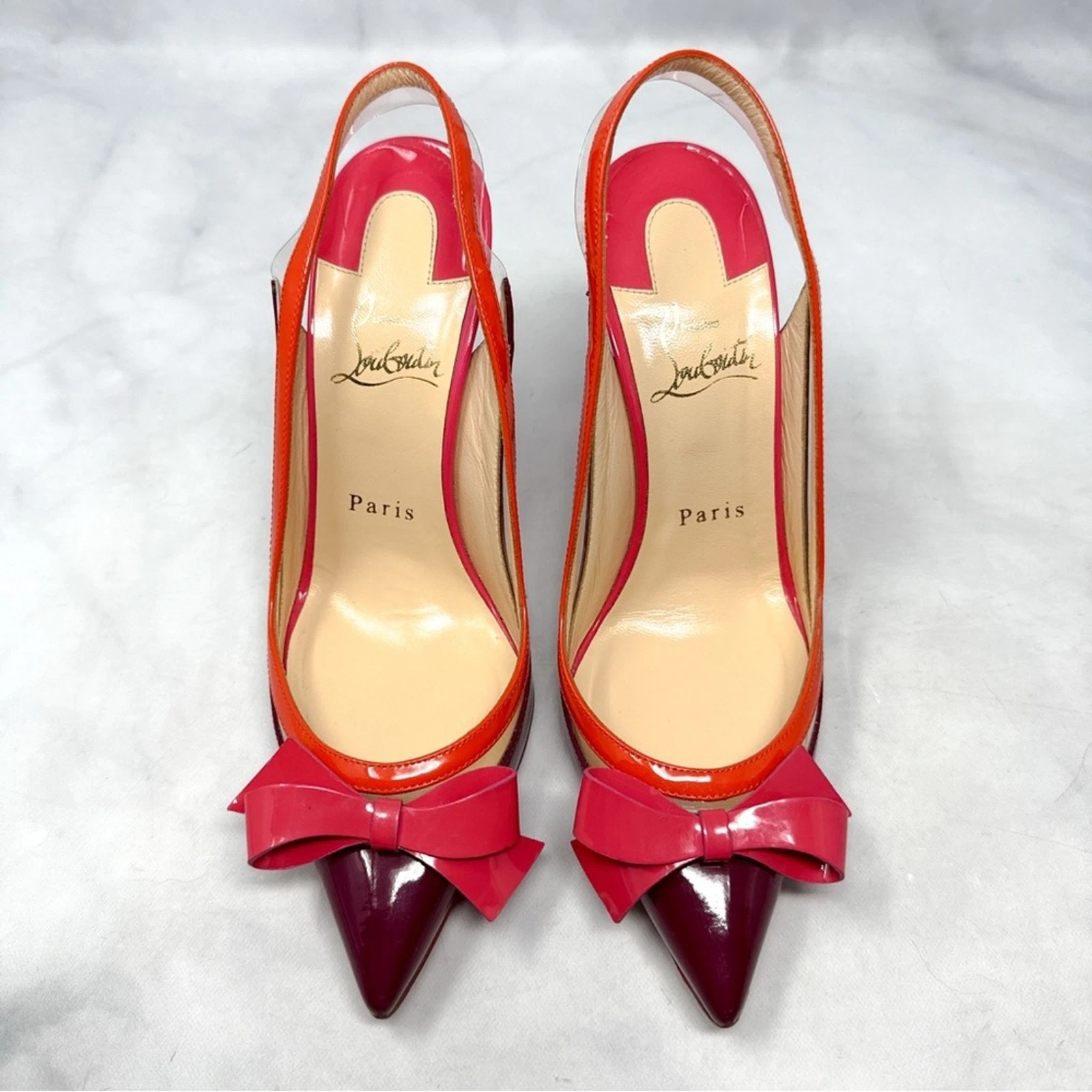 Christian Louboutin — Christian Louboutin Suspenodo Bow Sling 100 Patent Leather Pointed Toe Pump Heel