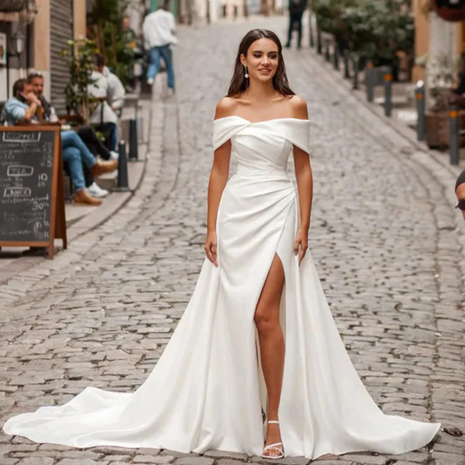 Satin Off  Shoulder Mermaid Wedding Dress Side Slit Detachable Train Bride Grown - Image 2 of 4