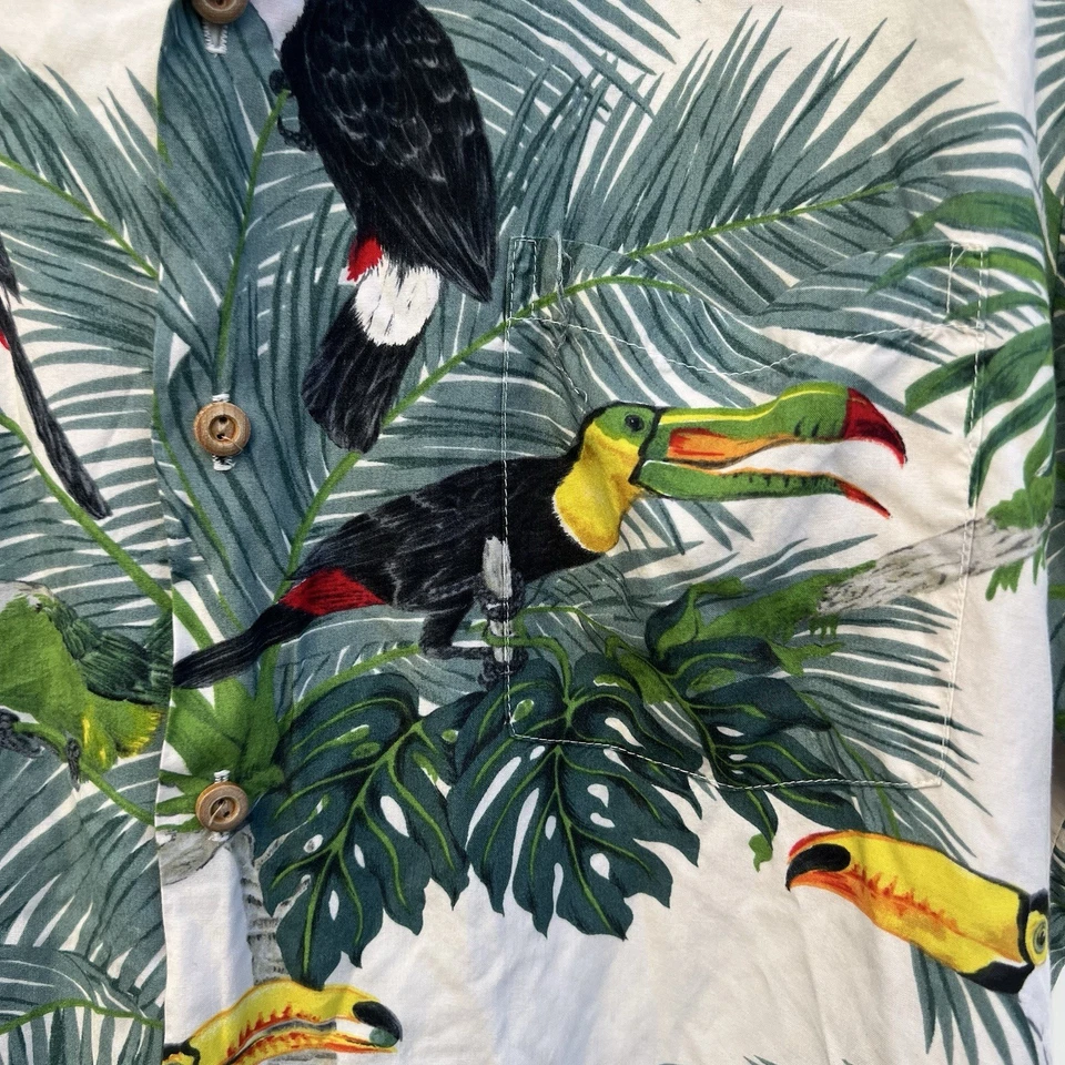 Hawaiian Rayon Shirt White Toucans Large Paradise Found Vintage Resortwear Beach - Image 3 of 4