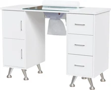White Manicure Table Nail Desk for Nail Tech with Glass Top & Side Cabinet NEW