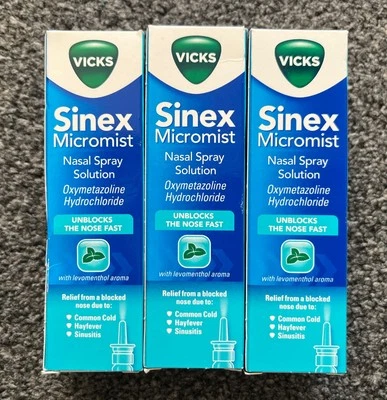 3 x Vicks Sinex Micromist Nasal Spray Solution 15ml - UNBLOCKS NOSE FAST UK