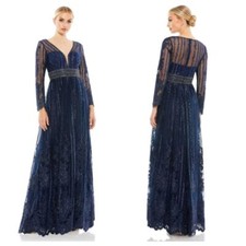 Mac Duggal Long Sleeve Floral Illusion Beaded Gown Sz 6