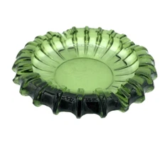 Forest Green Glass 4 Slot Ashtray 7.5" Diameter Vintage Cigar AS IS BEAUTIFUL!