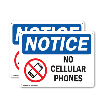 (2 Pack) No Cellular Phones OSHA Notice Sign Decal Metal Plastic