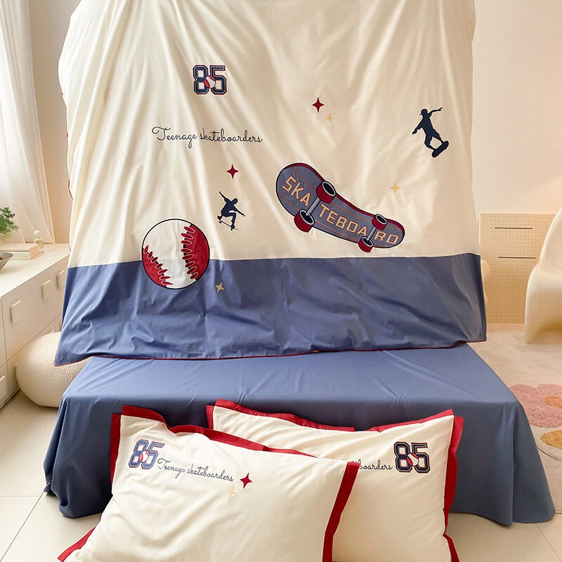 Whithe and Blue Boys Room Skating and Baseball Sport Duvet Cover  Bedding - Image 3 of 4