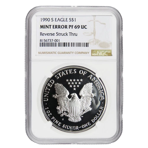 1990-S $1 1-oz Proof American Silver Eagle NGC PF69UC Mint Error Reverse Stru...