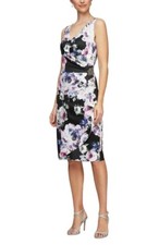 Alex Evenings Black Multi Floral Side Ruched Beaded Cocktail Dress Size 8 189