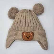 Adorable Tan Beanie with Warm Earflaps Cute Pompom  a Little Bear on the Front