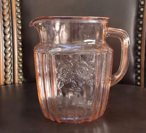 Anchor Hocking Mayfair Open Rose Pitcher Pink Depression Glass Vintage 32 oz 6”H