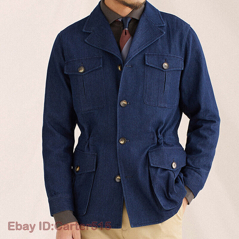 【BeDevil】Washed Cotton Safari Jacket Men's Safari Jacket Washed Denim Vintage Business Casual