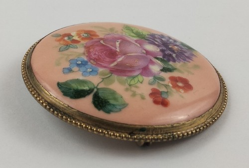 Vintage Round French Limoges Floral Rose Brooch Signed Mary Ø 5,3 cm / 2.1 in - Foto 7 di 11