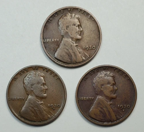 1930 P D S LINCOLN WHEAT CENT SET - F/VF - Excact Coins Shown - 3 Coin Set