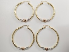 14K REAL SOLID YELLOW GOLD TRI COLOR HEART HOOP SNAP LOCK EARRINGS