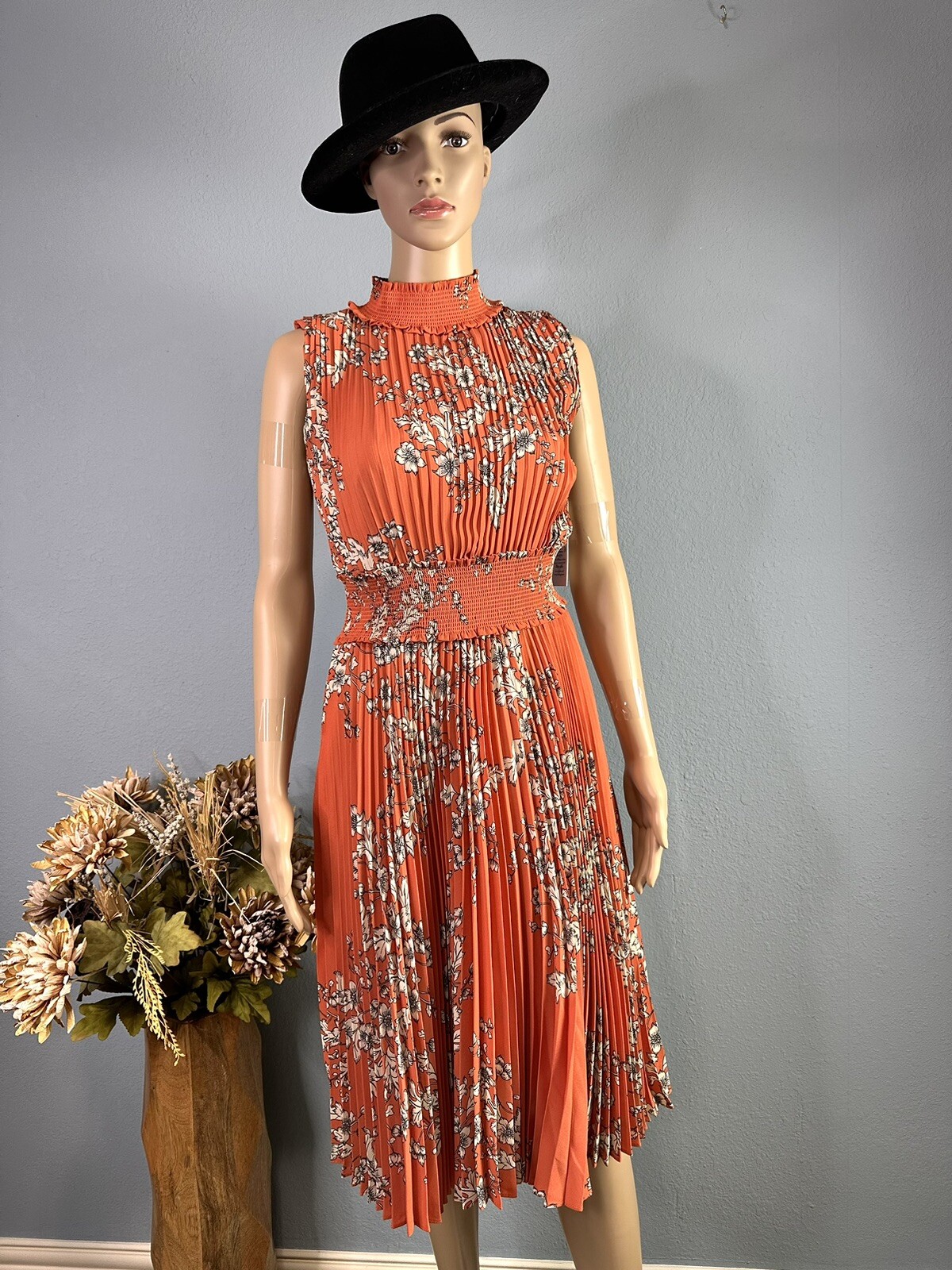 Lepore Burnt Orange Floral Smocked Pleated Sleeveless Dress Size 6 NWT eBay