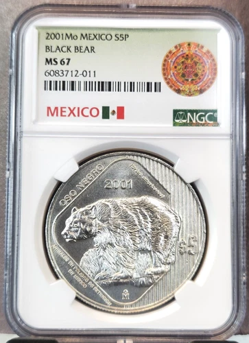 2001 MEXICO SILVER 5 PESOS S5P BLACK BEAR NGC MS 67 SCARCE GEM OSO NEGRO