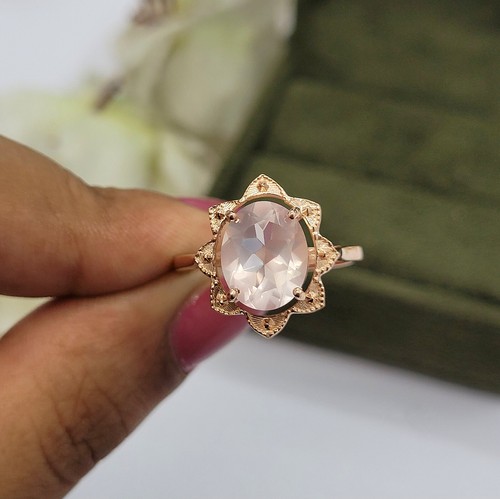 AAA Rose Quartz Oval Ring 925 Sterling Silver Art Deco Anniversary Women's Ring - Picture 7 of 11