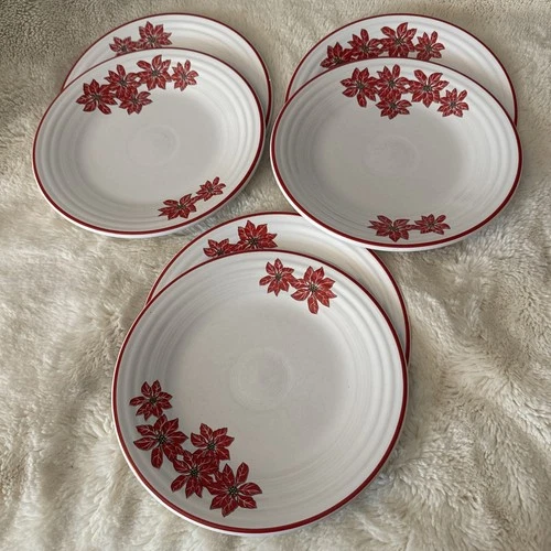 6 Fiesta Poinsettia Luncheon Plates In White Fiestaware Christmas Flower  8.5”