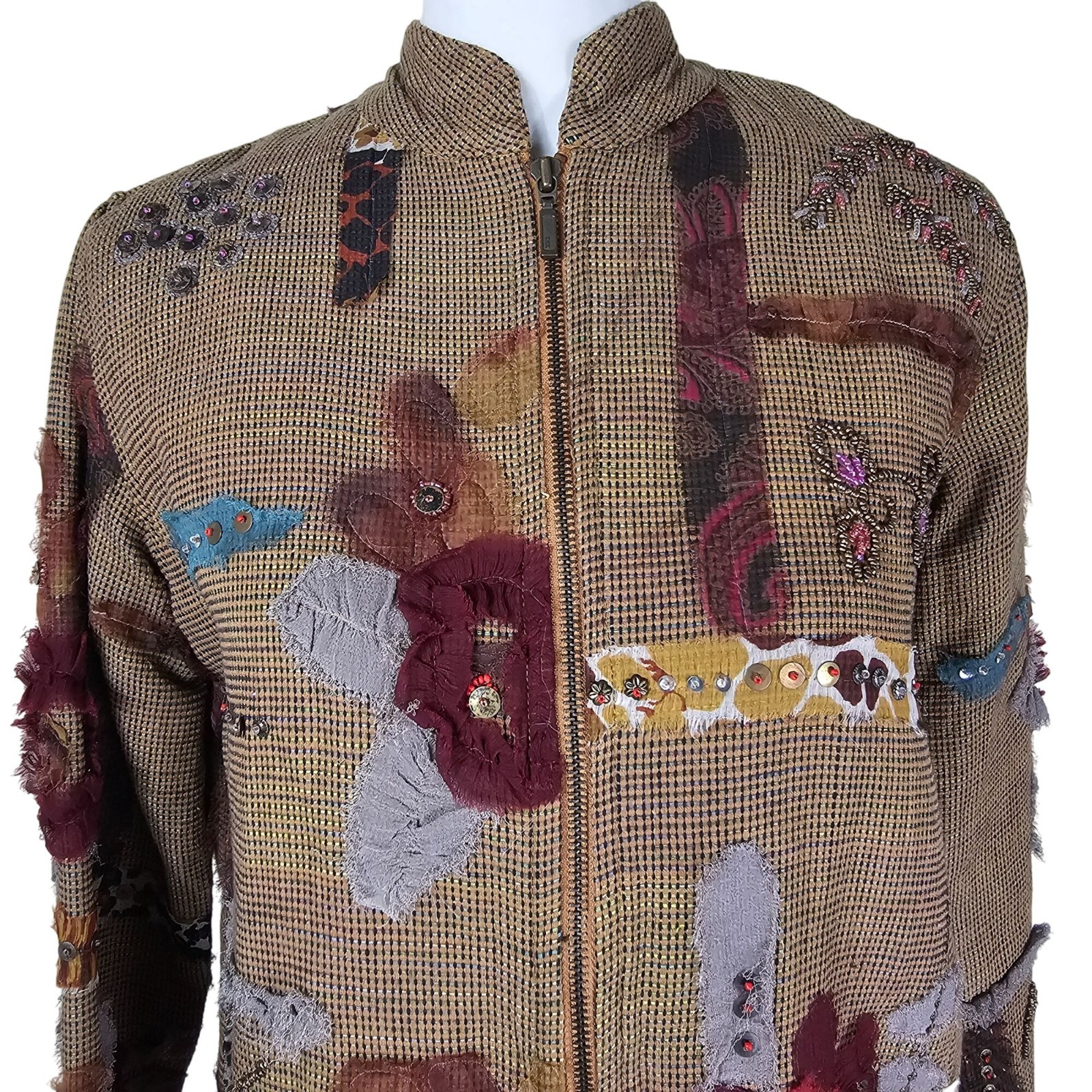 Eclectic Artsy Patchwork Full Zip Jacket S Brown … - image 11