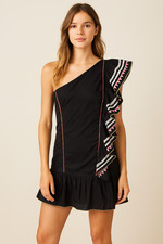 Love Shack Fancy Black 100% Cotton One Shoulder Ruffle Dress sz 2 Mexican Fiesta