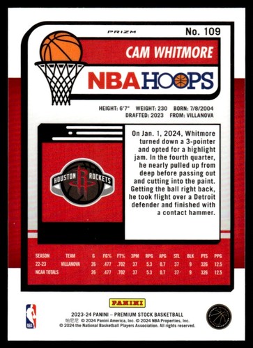 2023-24 Hoops Premium Stock White Cracked Ice Cam Whitmore Rookie 03/25 Houston - Bild 2 von 2