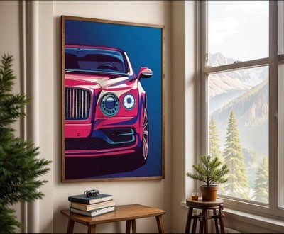 Vibrant Bentley Car Art Print - Bold Pink and Blue Pop Art Style - Modern Wall