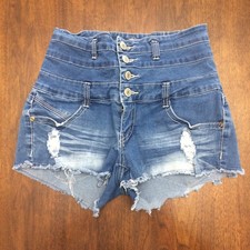 Rue 21 Highwaisted Mid Rise Medium Wash Distressed Jean Shorts Women's Size 3/4