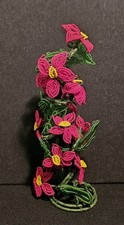 Vintage Handmade Beaded Red Flowers W/Yellow Centers  Leaves Standing Bouquet
