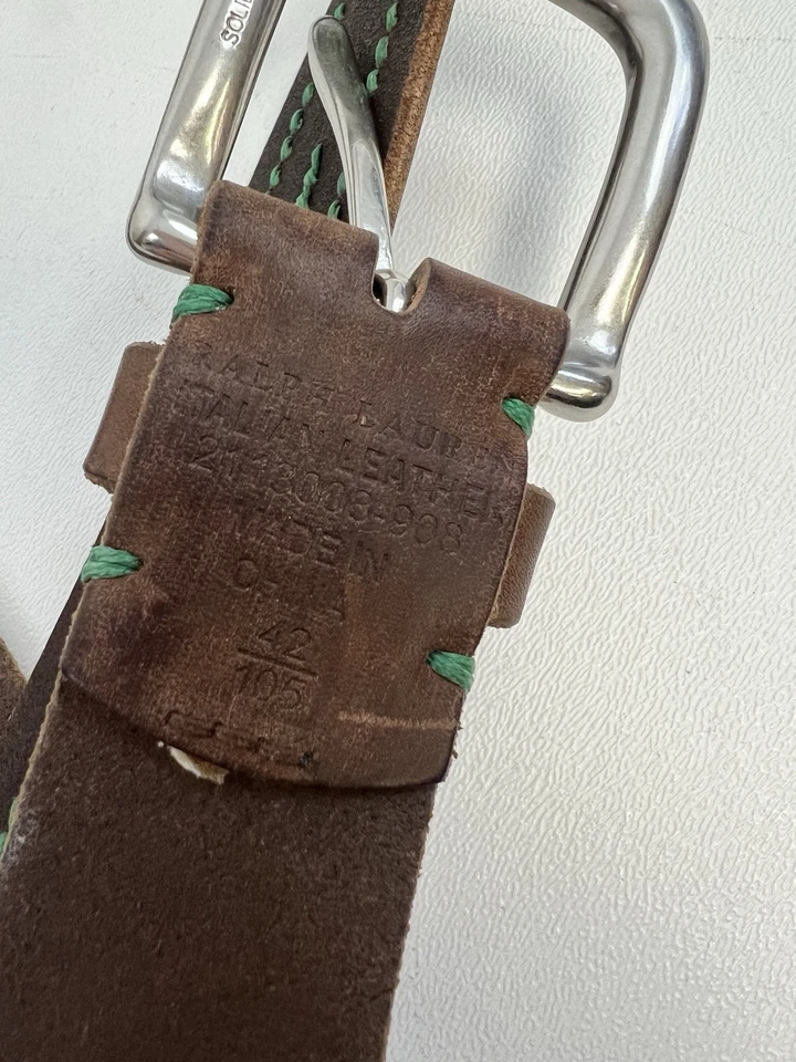 Мужской итальянский кожаный ремень Ralph Lauren коричневый с зелеными швами размер 42 - Изображение 4 из 4