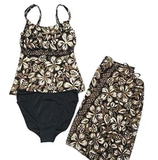 Profile by Gottex Swim Suit Tankini Brief Set Size 10 Black Brown Floral Sarong