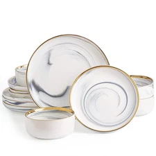 Marble Gold Rim Dinnerware Sets, Porcelain Plates and Bowls Sets, Modern Luxu...