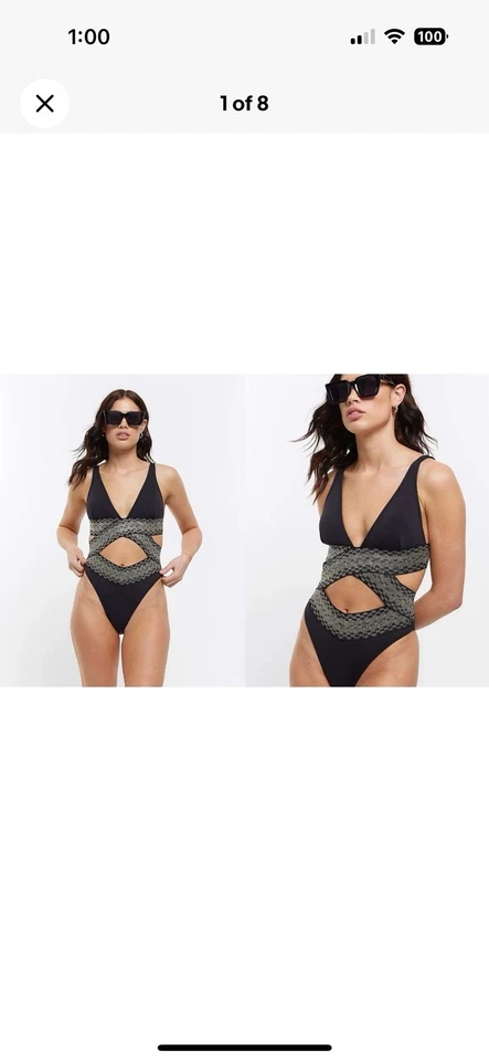 Traje de baño River Island Plunge dorado negro 1 pieza recortado de una pieza talla EE. UU. 8 mediano Foto 2 de 4