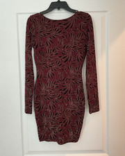 Burgundy Black Glitter Floral V-Neck Stretch Knit Bodycon Mini Dress S