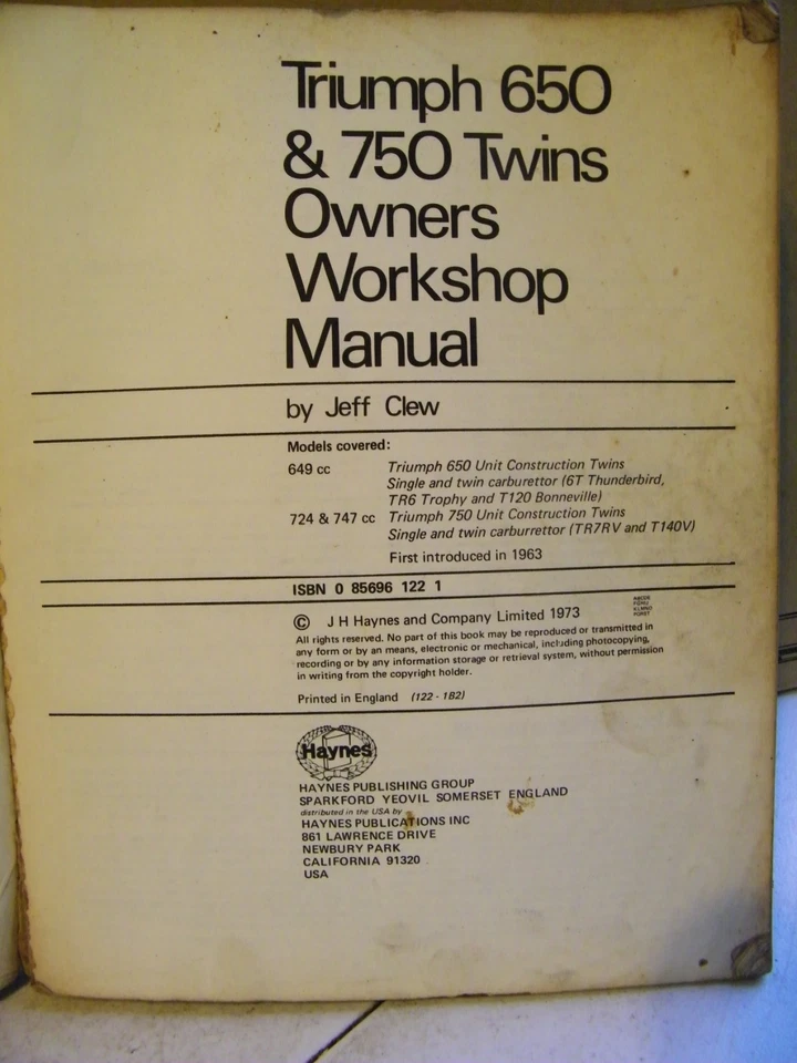 Manual de taller usado Haynes Triumph para propietarios 650 y 750 gemelos 1973 Foto 3 de 4