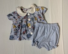 Vintage J.I.T. For Kids Girls 24M Blue Gingham Tea Party Print Dress Bloomer Set