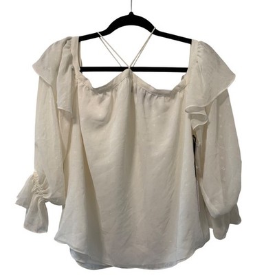 RD Style Ruffle Blouse Crisscross Back Sheer Top Antique White Size S