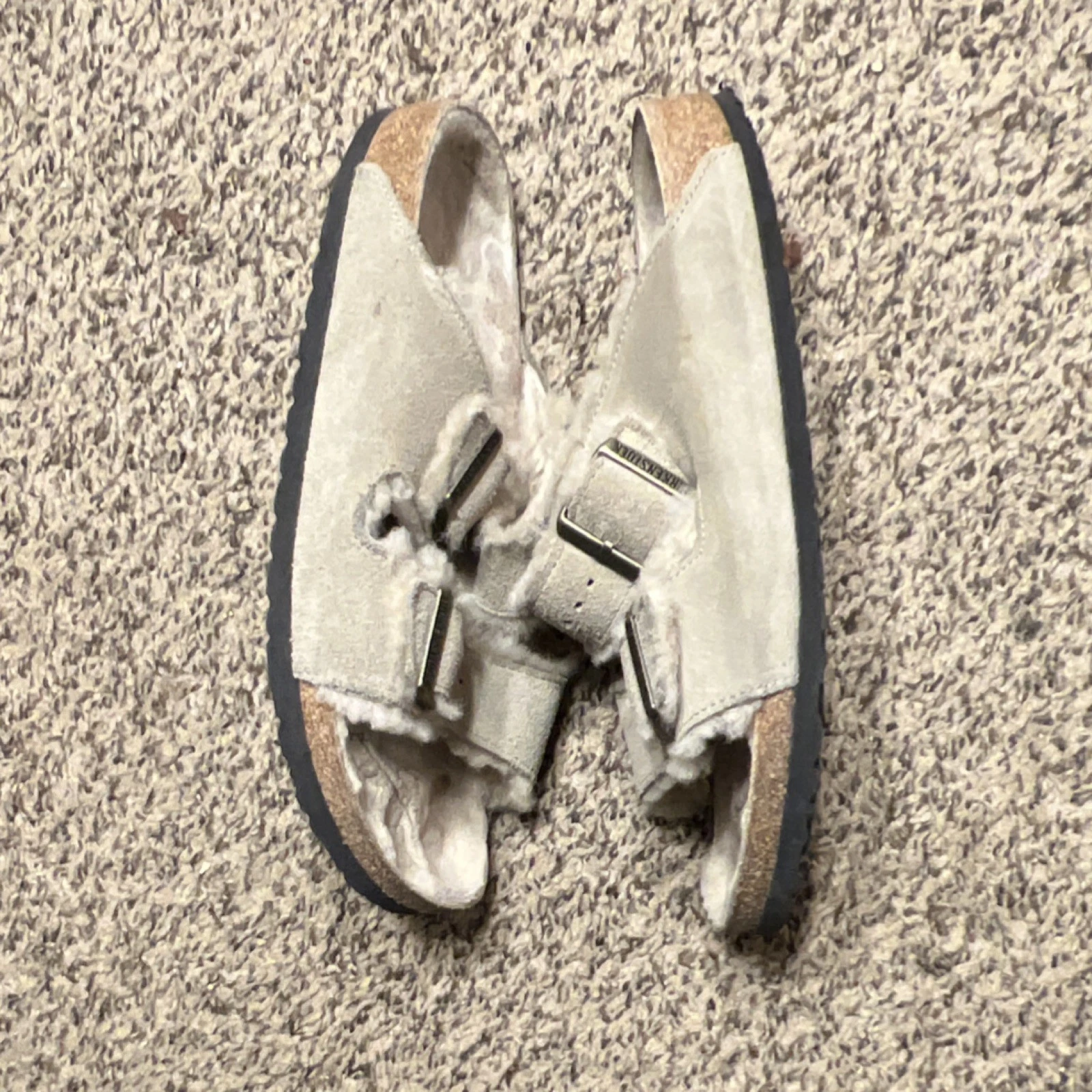 Birkenstock Beige Suede Shearling Buckle Comfort Women's Slide Sandals