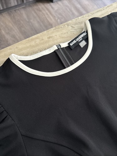 Karl Lagerfeld Paris Black Scuba Contrast Trim Crepe A-Line Dress Women’s 8 $148 - Picture 3 of 7