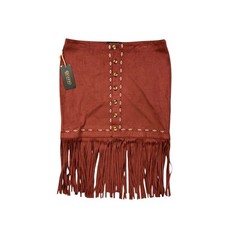 Shyanne Skirt Womens L Large Brick Faux Suede Fringe Button Front Stretch Mini