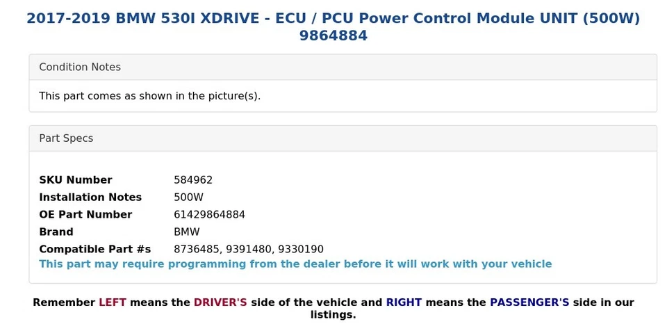 BMW 530I XDRIVE 2017-2019 - UNIDAD módulo de control de potencia ECU/PCU (500W) 896484 Foto 4 de 4