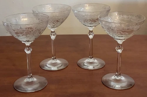 FOSTORIA Depression Era JUNE Etched Elegant Glass CHAMPAGNE Sherbet Stems Lot 4