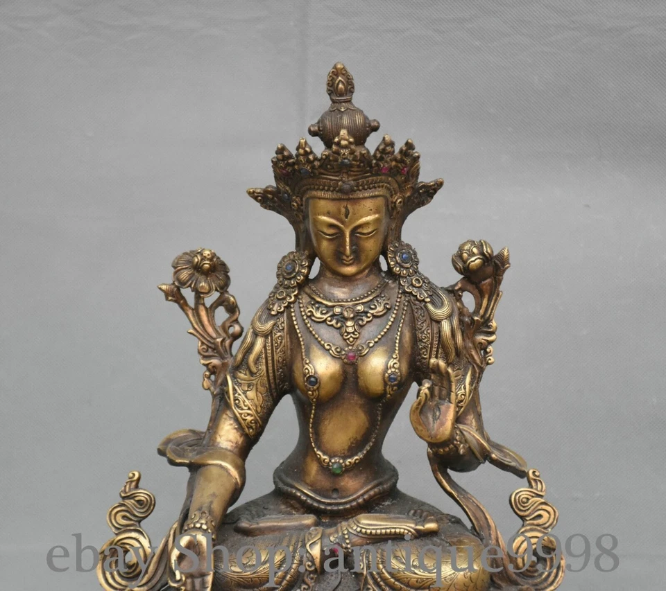 Estatua Ilustración Budismo Tara Mahayana Blanco Dorado Bronce Tíbet Antiguo 12,5"" Foto 2 de 4