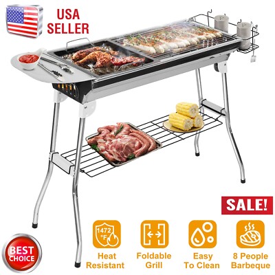 Stainless Steel BBQ Grill Party Large Grill Stove Shish Kebab + Shelf 5-6 Person