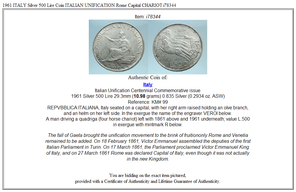 1961 ITALY Silver 500 Lire Coin ITALIAN UNIFICATION Rome Capital