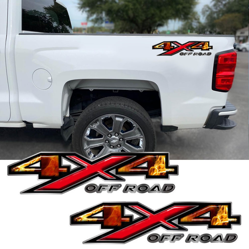 Chevy Silverado Colorado Flame Red 4X4 Off-Road Truck Bed Decal Sticker 2-Piece Set  