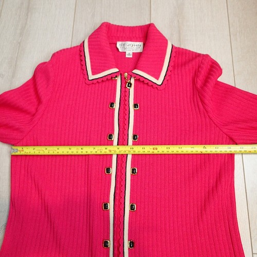 ST. JOHN COLLECTION Pink Ribbed Zip Up Sweater/Jacket White Black Trim Size 8 - Picture 18 of 22
