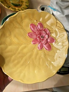 Antique Zell Majolica German Pottery Yellow Lily Pad Red Flower 6 5 Plate Ebay