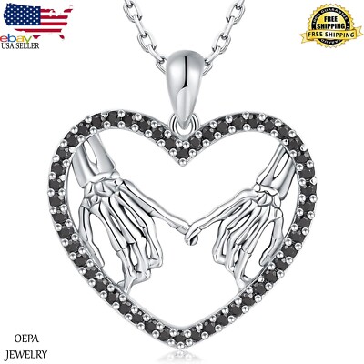 925 Sterling Silver Skeleton Hand Necklace Skull Hand Heart 