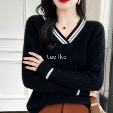 100 Wool Sweater V-neck Women's Sweater Knitted Pullover Top Warm Thick Jumpers